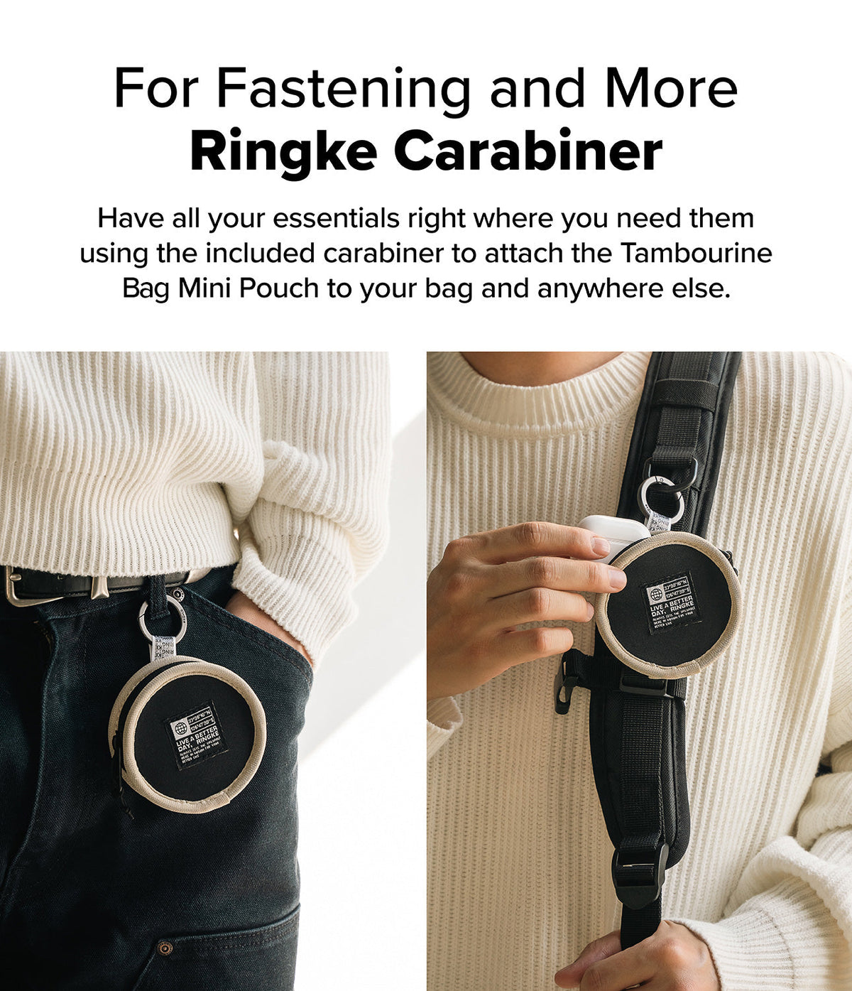 Mini Pouch | Tambourine Bag - A round pouch clipped to jeans and a bag strap using a carabiner to hold small accessories.