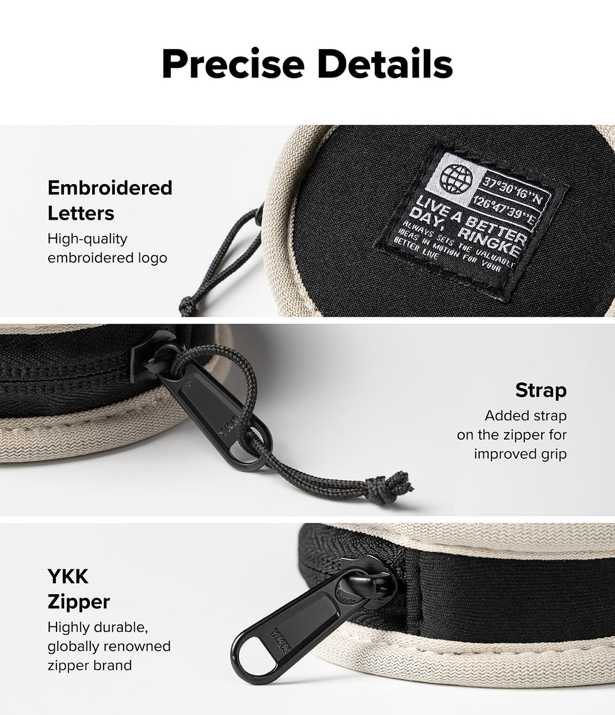 Mini Pouch | Tambourine Bag - Close-up details of embroidered logo, zipper pull strap, and durable YKK zipper on a pouch.