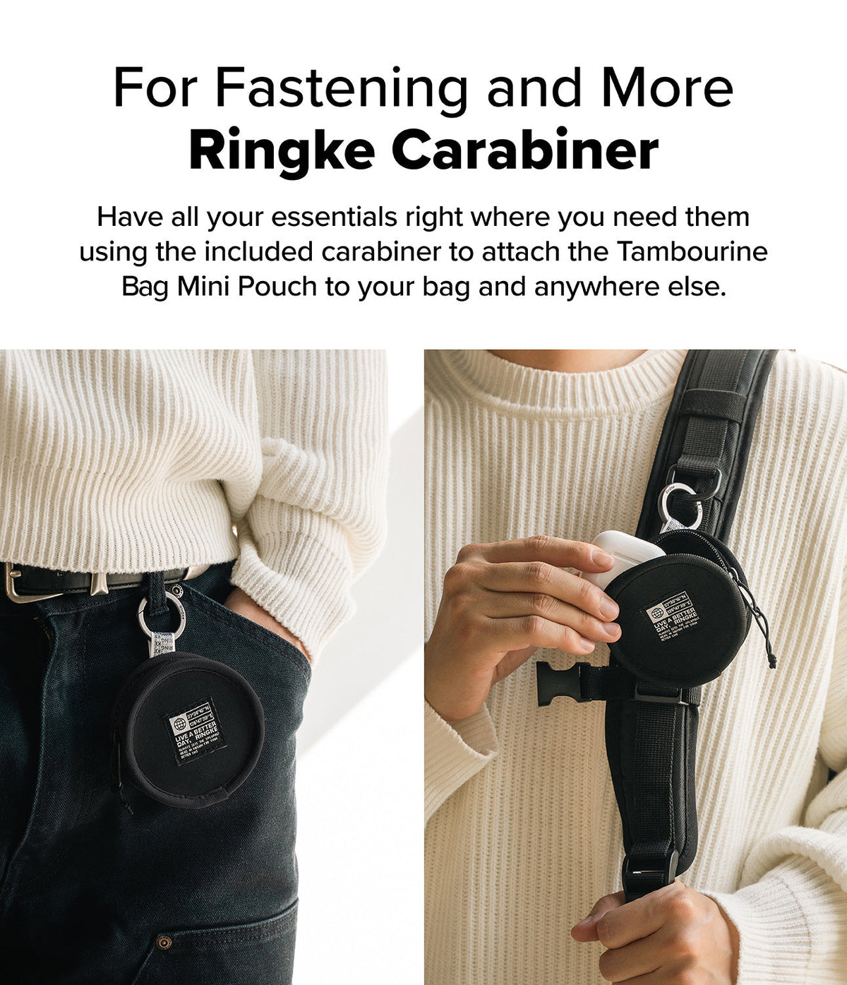Mini Pouch | Tambourine Bag - Black circular pouch attached to a belt loop and a backpack strap using a metal carabiner.