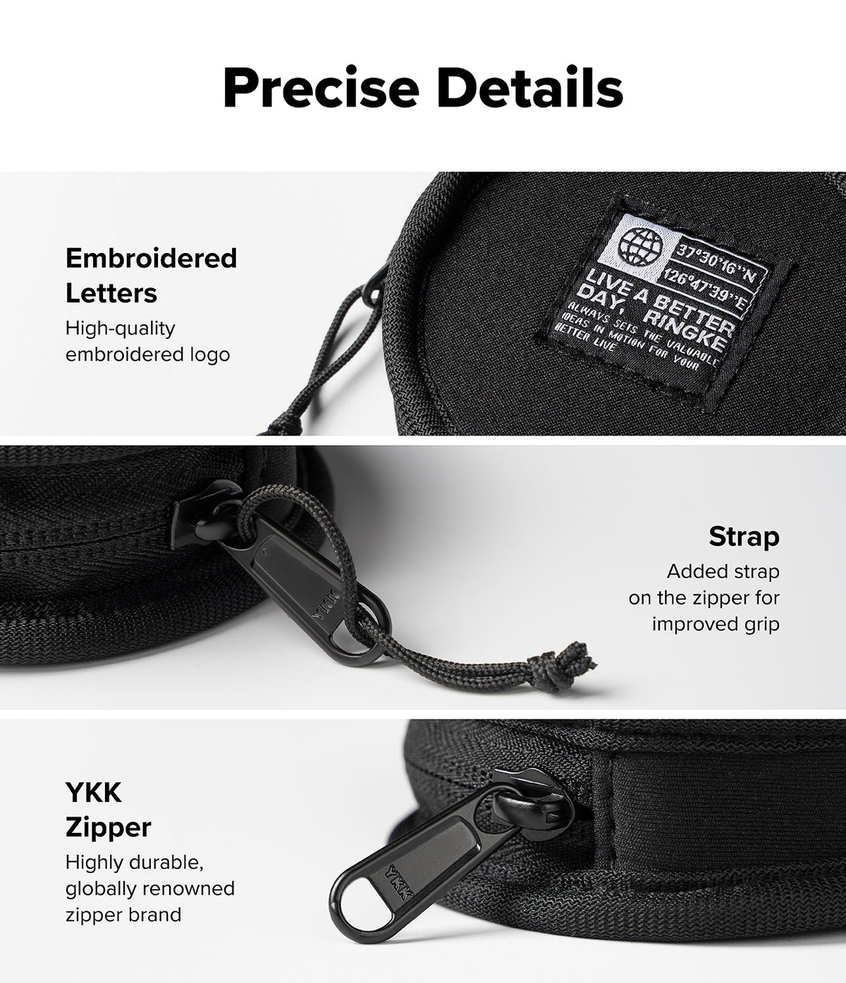 Mini Pouch | Tambourine Bag - Close-up of embroidered logo, zipper pull strap, and durable YKK zipper on a black pouch.