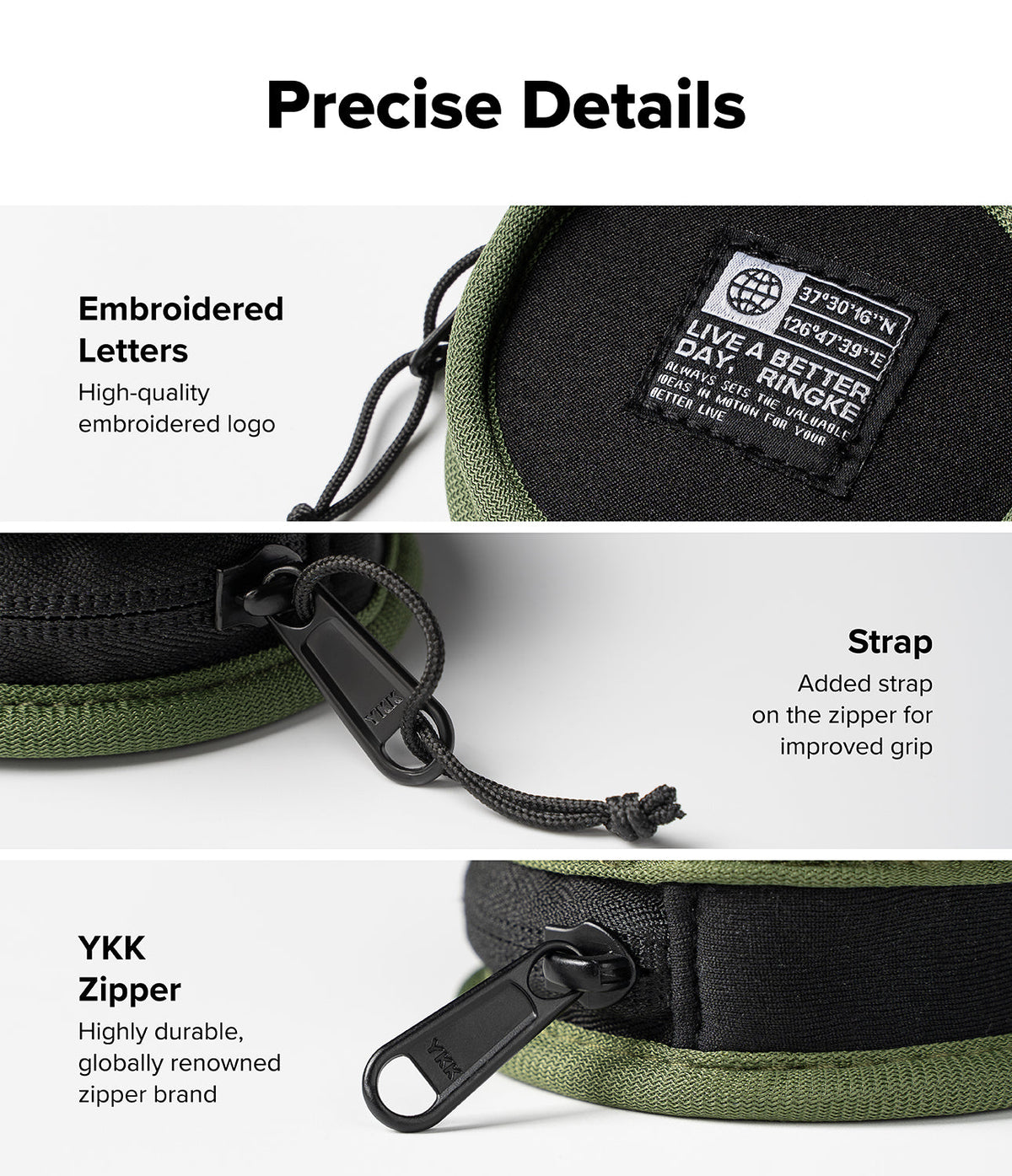 Mini Pouch | Tambourine Bag - Close-up of embroidered logo, zipper pull strap, and durable YKK zipper on a green pouch.