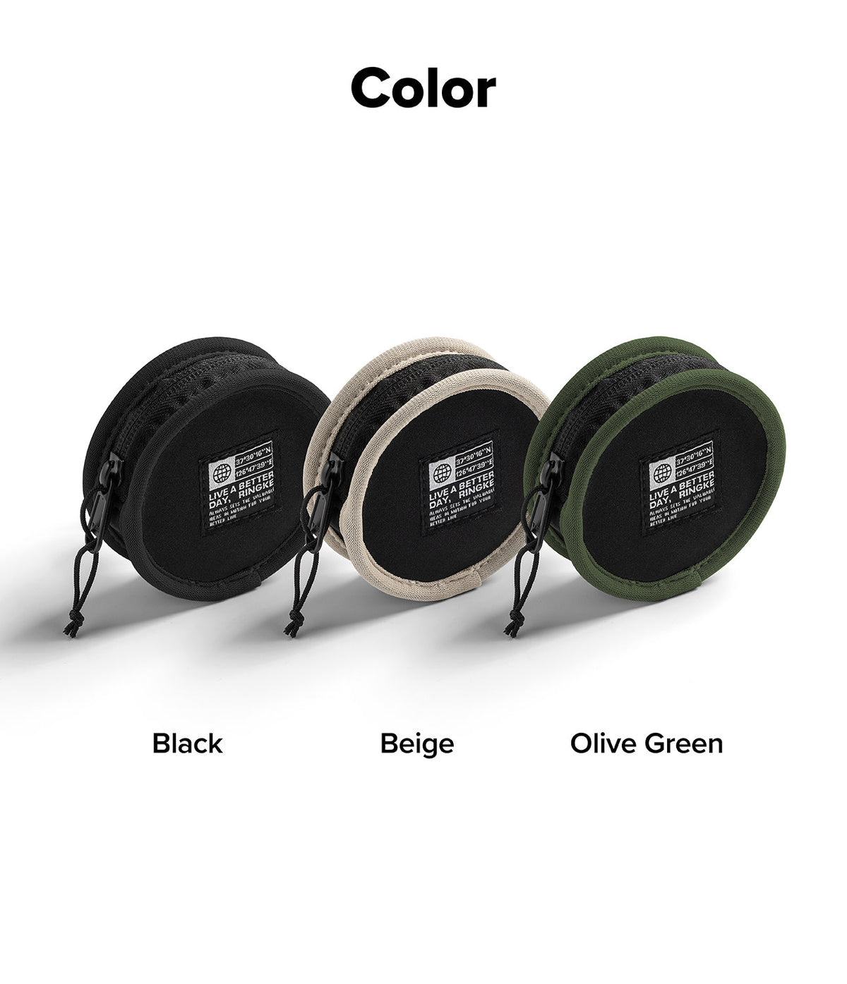 Mini Pouch | Tambourine Bag - Three round zippered pouches in black, beige, and olive green with branded labels on white.