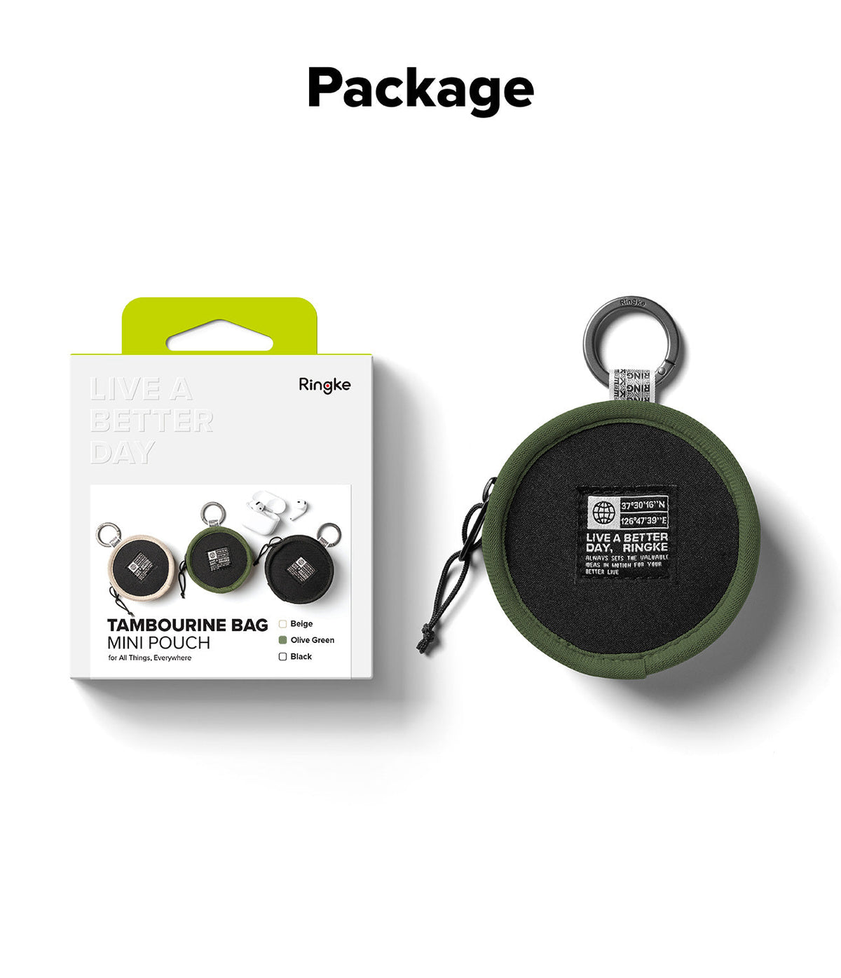 Mini Pouch | Tambourine Bag - Olive green circular pouch with a carabiner and a branded patch next to its retail packaging.