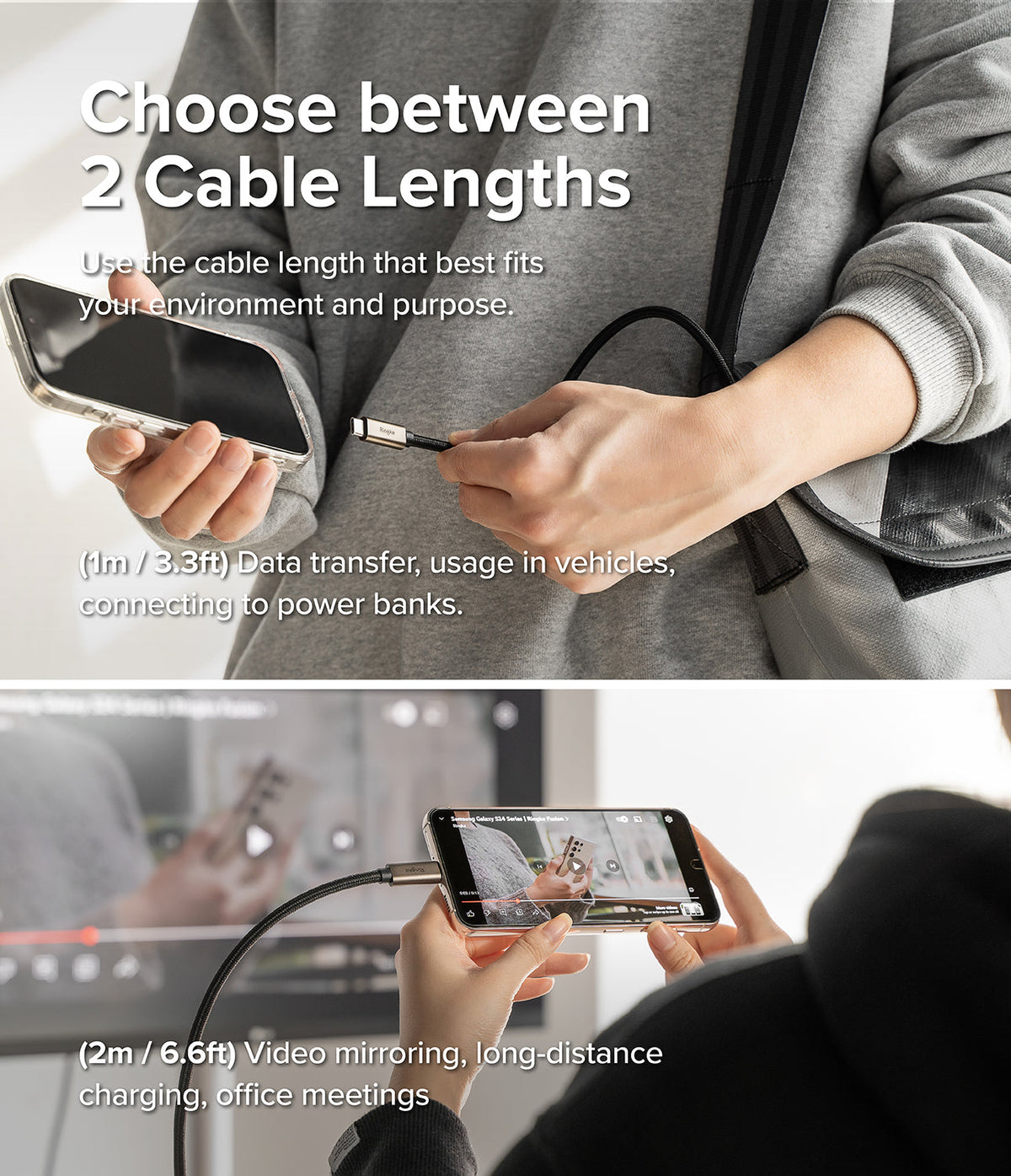 Ringke USB 3.2 Gen 2x2 USB-C Charging Cable - Split view showing 1m cable for mobile use and 2m cable for video mirroring.