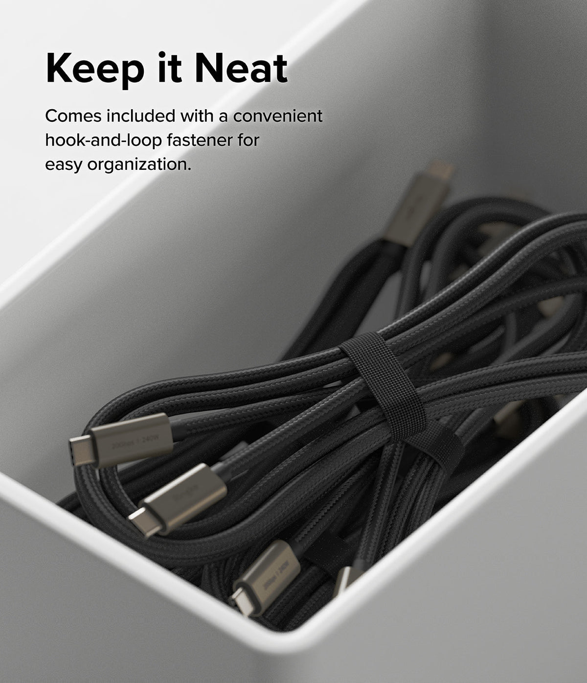 Ringke USB 3.2 Gen 2x2 USB-C Charging Cable - Braided black USB-C cables coiled and secured with a hook-and-loop fastener.