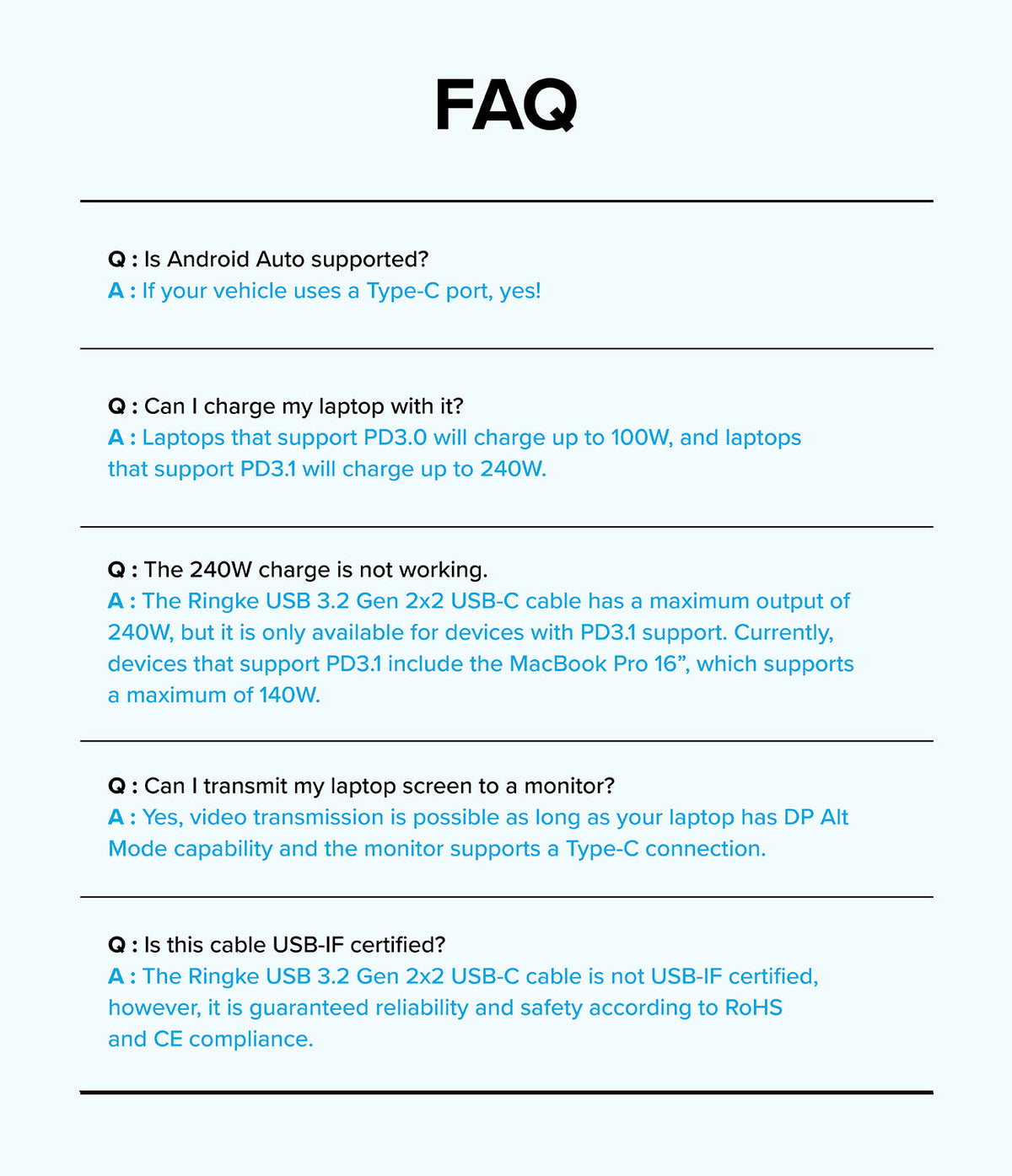 Ringke USB 3.2 Gen 2x2 USB-C Charging Cable - FAQ list detailing compatibility, charging power, and technical standards.