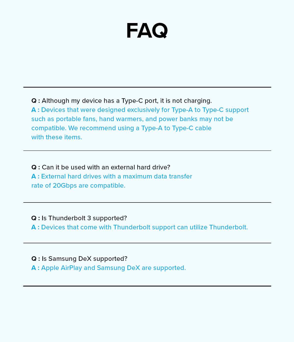 Ringke USB 3.2 Gen 2x2 USB-C Charging Cable - FAQ list regarding device compatibility, data transfer, and feature support.