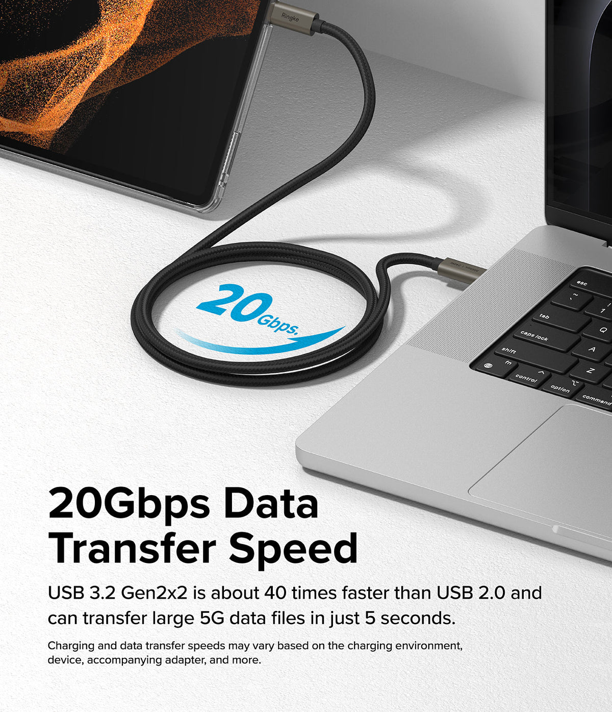 Ringke USB 3.2 Gen 2x2 USB-C Charging Cable - Braided USB-C cable connecting a tablet to a laptop with 20Gbps speed text.