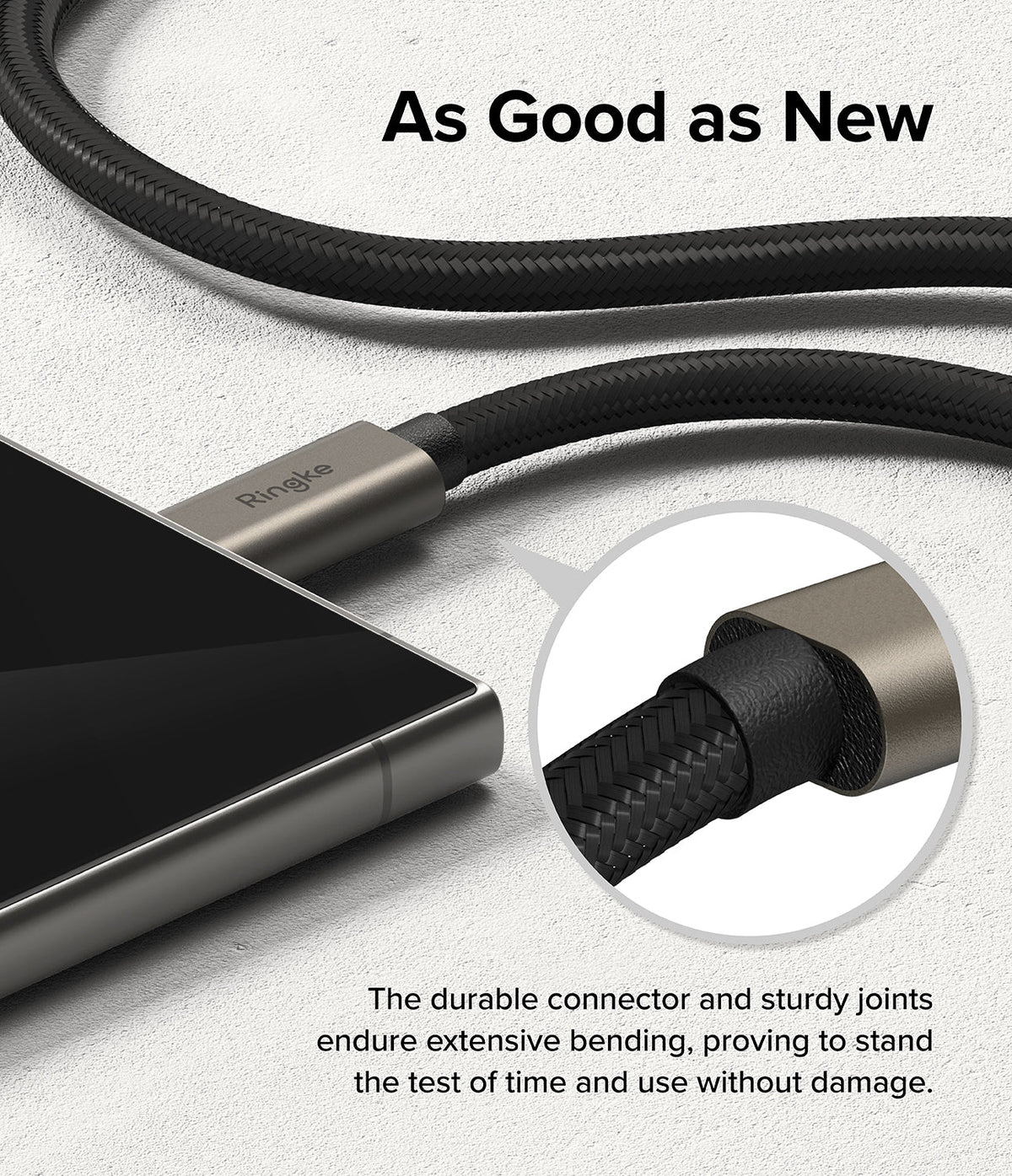 Ringke USB 3.2 Gen 2x2 USB-C Charging Cable - Braided black cable plugged into a device with a reinforced connector.