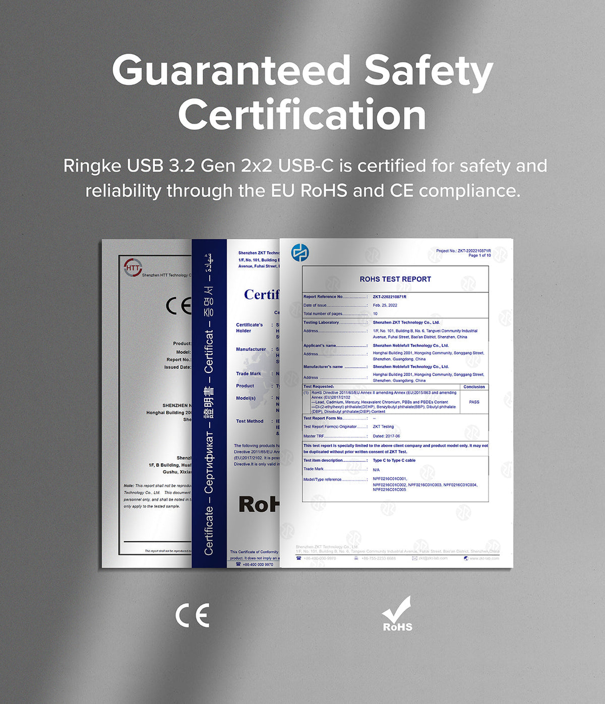 Ringke USB 3.2 Gen 2x2 USB-C Charging Cable - Stacked EU RoHS and CE safety certification documents for the cable.