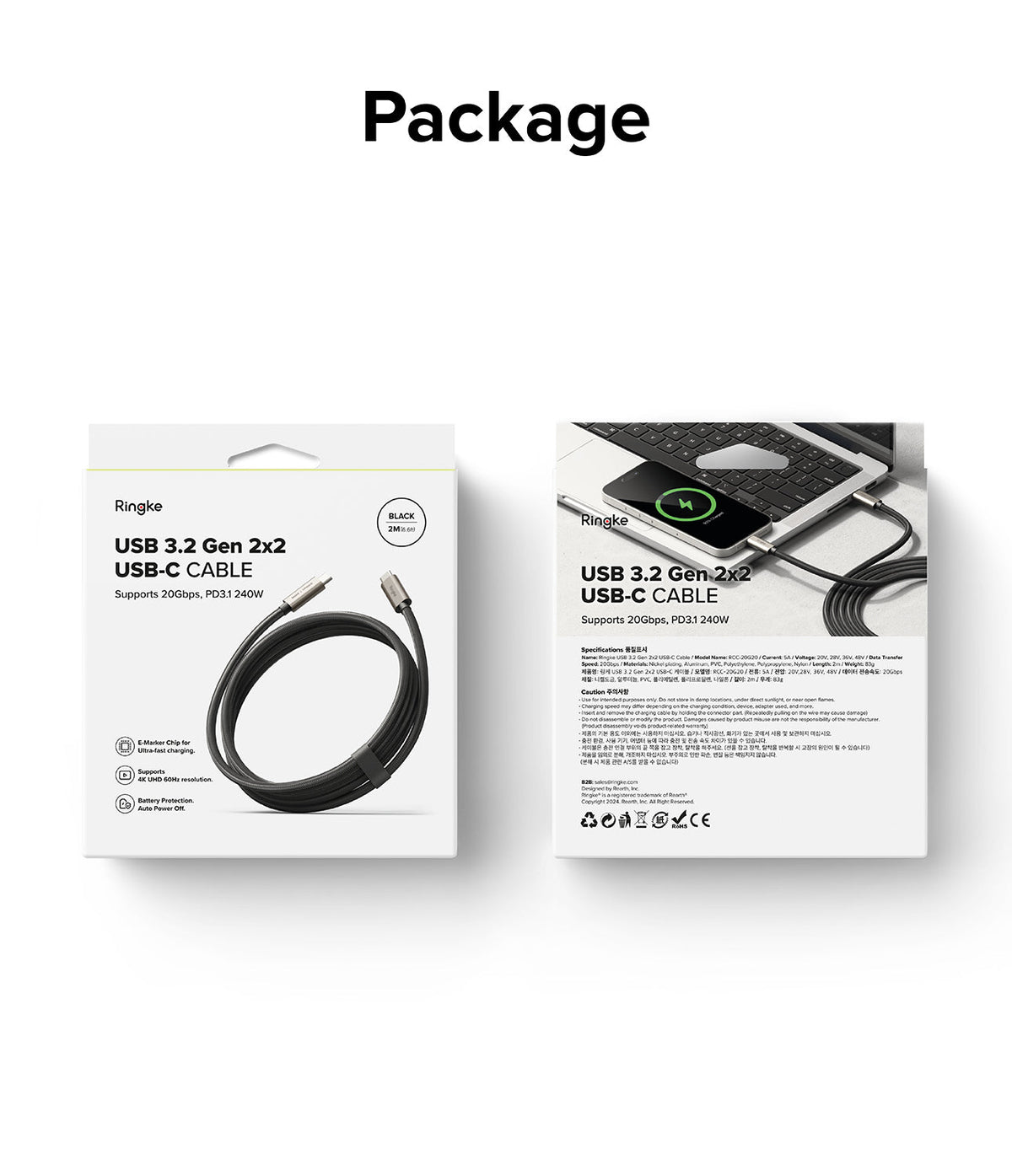 Ringke USB 3.2 Gen 2x2 USB-C Charging Cable - Front and back of retail packaging showing cable, specs, and laptop usage.