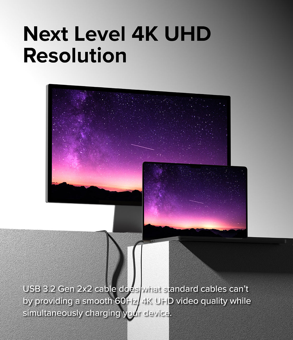 Ringke USB 3.2 Gen 2x2 USB-C Charging Cable - Laptop connected to a monitor displaying a starry night sky via USB-C cable.