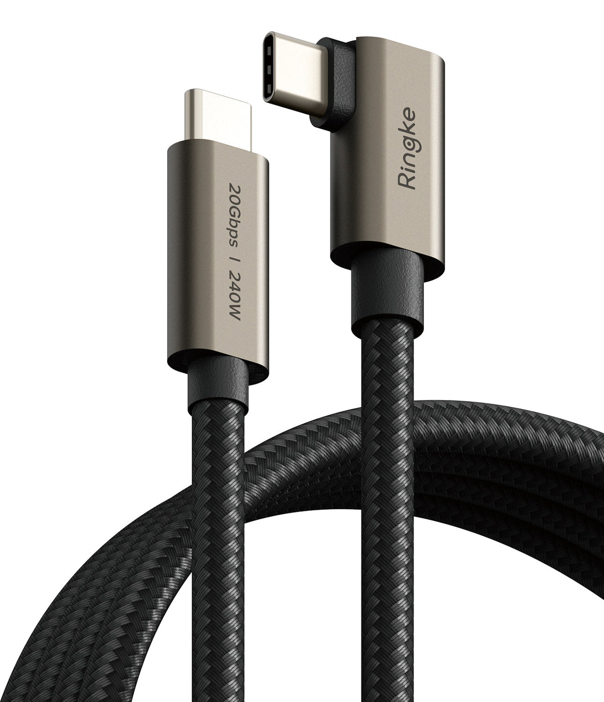 Ringke 90 Degree Cable USB 3.2 Gen 2x2 USB-C - Braided black cable with one straight and one 90-degree USB-C connector.