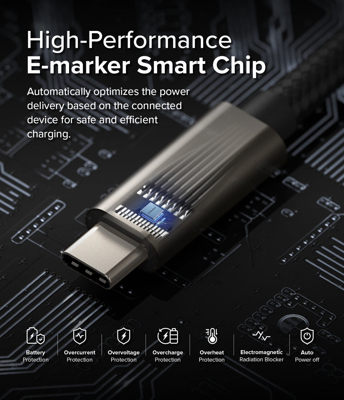 Ringke 90 Degree Cable USB 3.2 Gen 2x2 USB-C - USB-C connector with visible E-marker chip and safety protection icons.