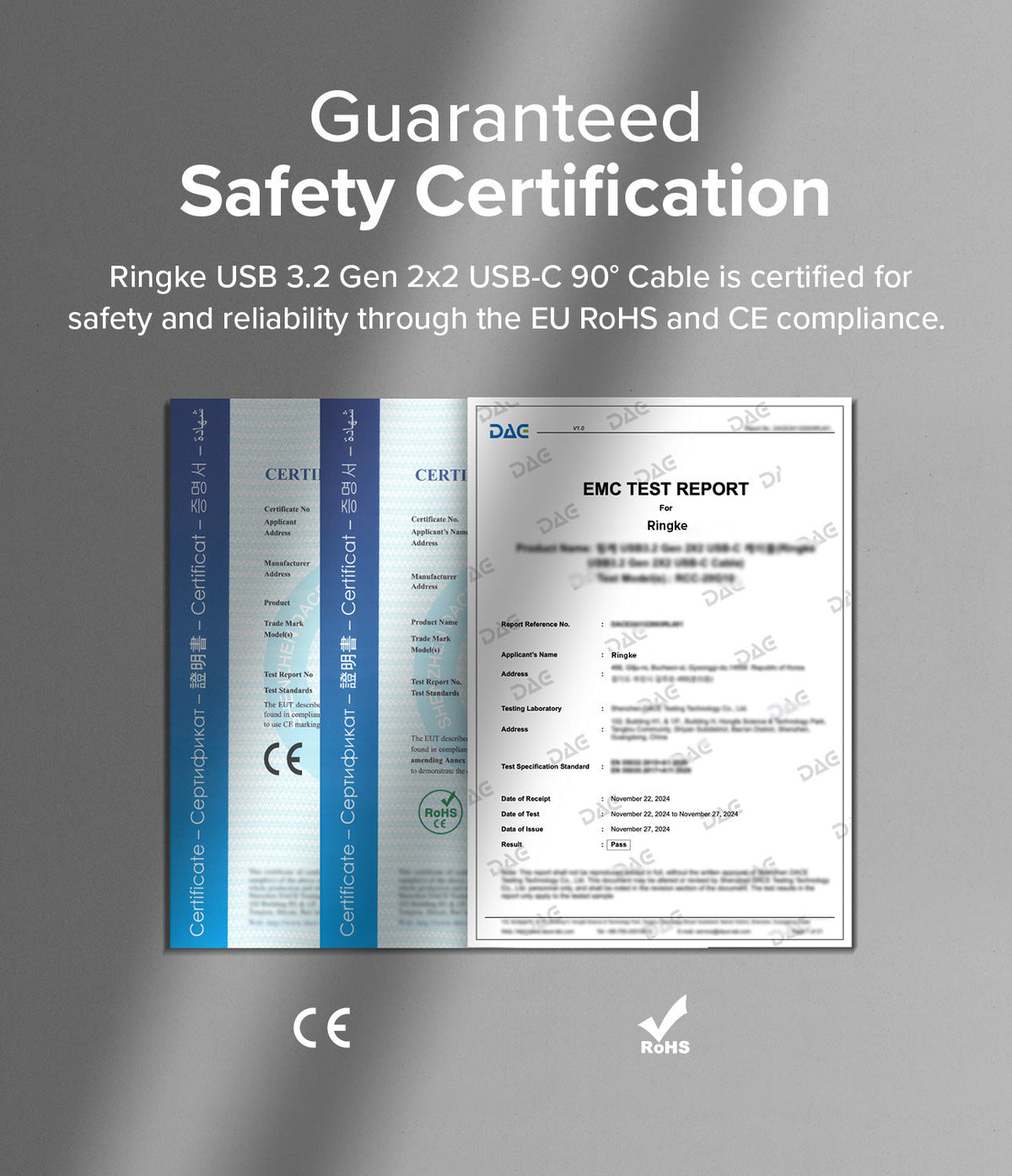 Ringke 90 Degree Cable USB 3.2 Gen 2x2 USB-C - Safety certification documents showing CE and RoHS compliance reports.