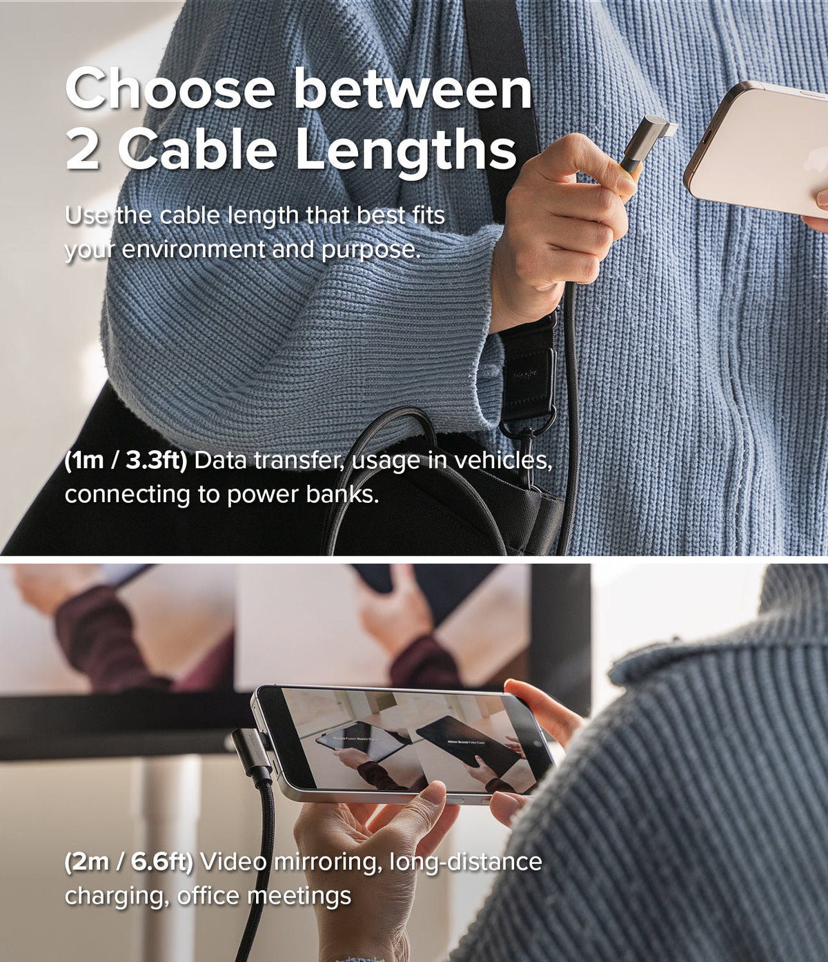 Ringke 90 Degree Cable USB 3.2 Gen 2x2 USB-C - Split view showing 1m cable for mobile use and 2m cable for video mirroring.