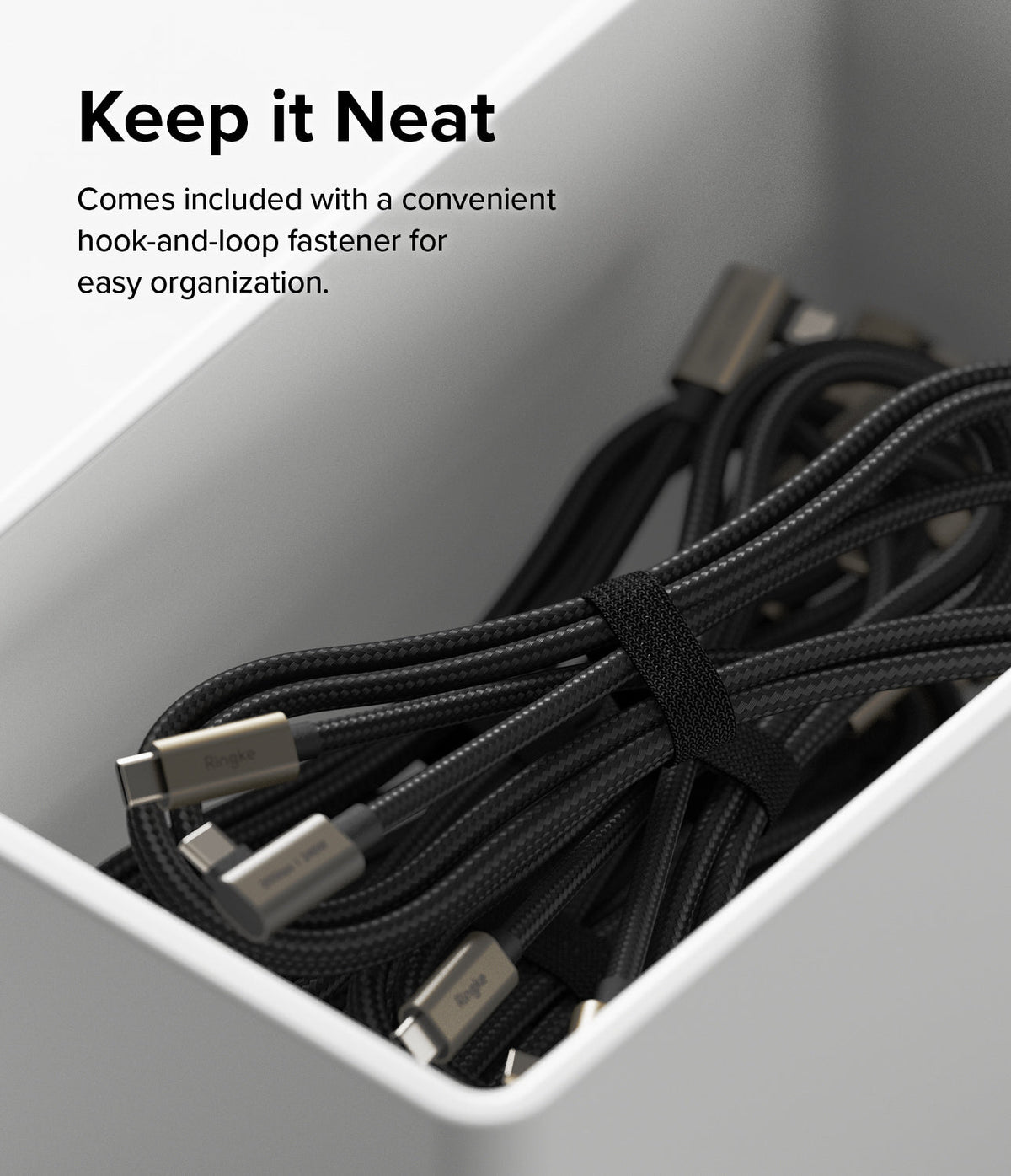Ringke 90 Degree Cable USB 3.2 Gen 2x2 USB-C - Braided black USB-C cables coiled and secured with a hook-and-loop strap.
