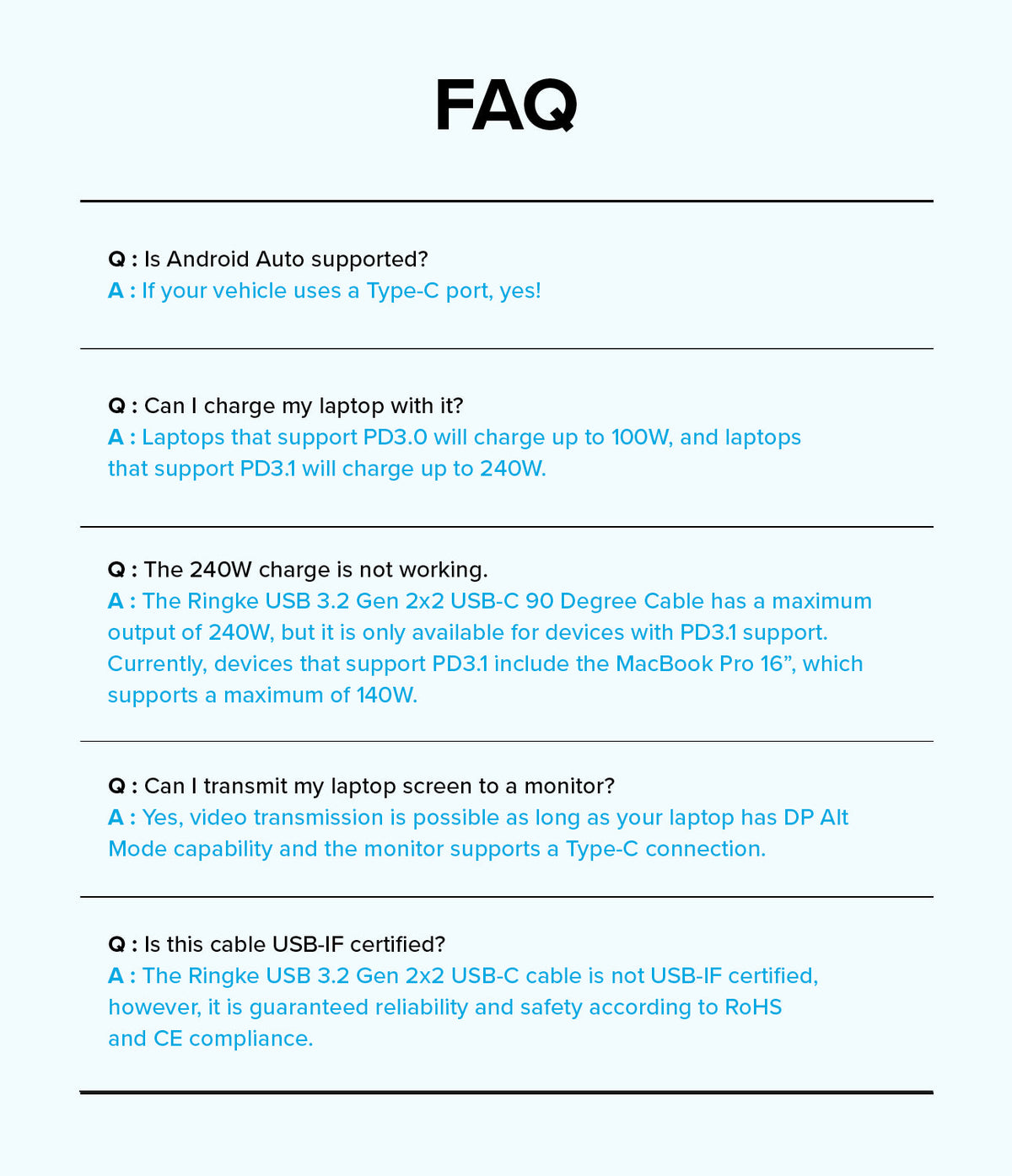 Ringke 90 Degree Cable USB 3.2 Gen 2x2 USB-C - FAQ list regarding charging, video transmission, and certification.