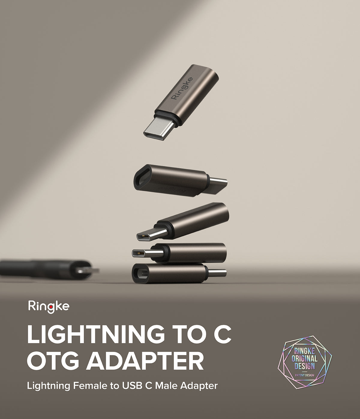 Adapter Lightning to C OTG (2P) - Five metallic Lightning female to USB-C male adapters floating in a vertical stack.