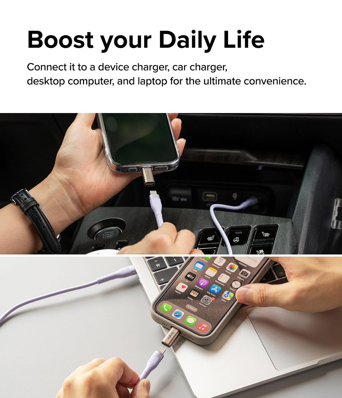 Adapter Lightning to C OTG (2P) - Hands connecting a Lightning to USB-C adapter to a smartphone in a car and on a laptop.