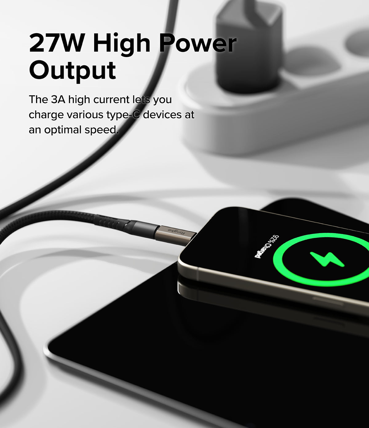 Adapter Lightning to C OTG (2P) - A charging cable connected to a smartphone displaying a green 92% charge icon.