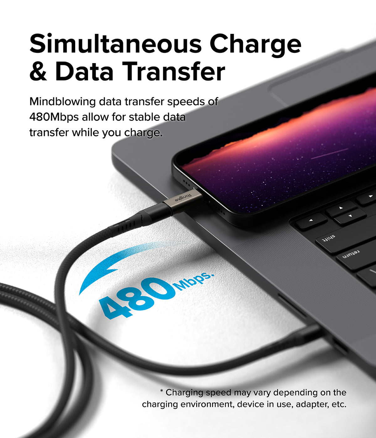 Adapter Lightning to C OTG (2P) - Smartphone connected to a laptop via cable, highlighting 480Mbps data transfer speed.