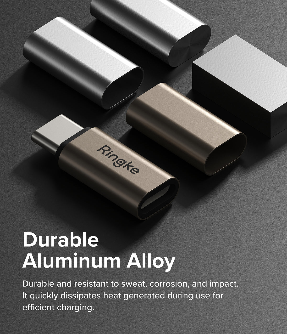 Adapter Lightning to C OTG (2P) - Metallic Ringke USB-C adapters arranged on a dark surface with text highlighting aluminum alloy.