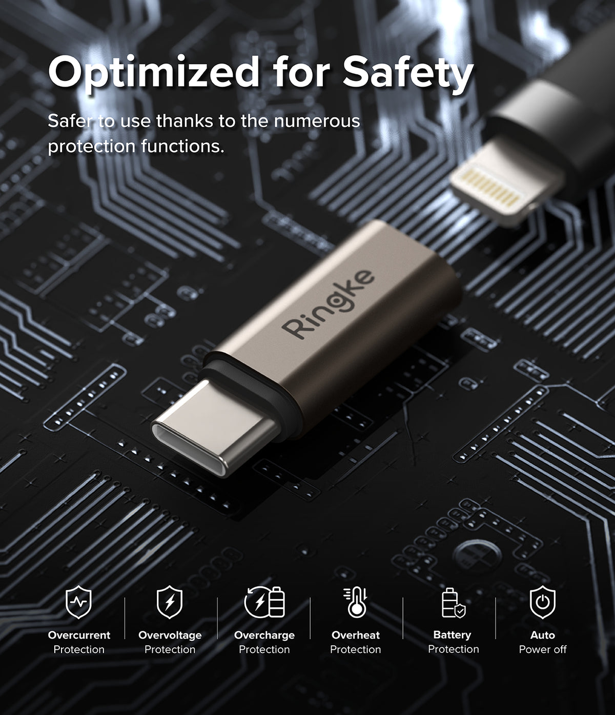 Adapter Lightning to C OTG (2P) - Ringke USB-C to Lightning adapter on a circuit board background with safety icons.