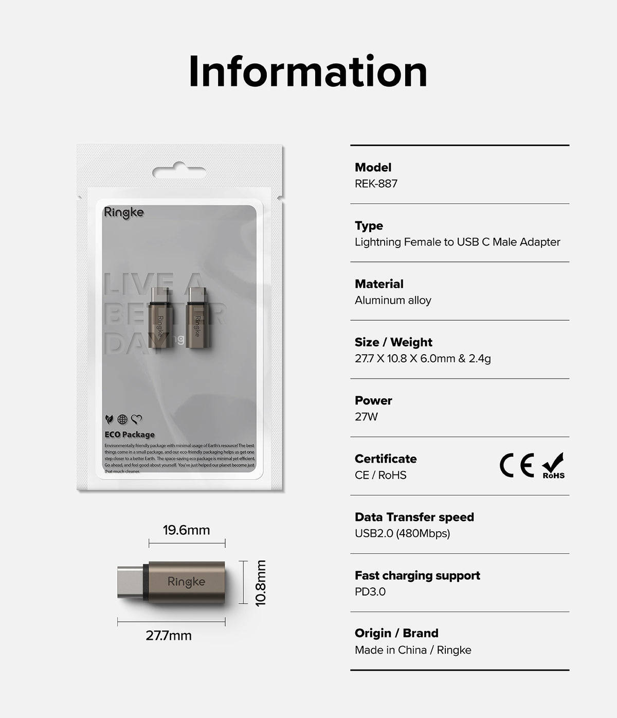 Adapter Lightning to C OTG (2P) - Product packaging and technical specifications for a Ringke Lightning to USB-C adapter.