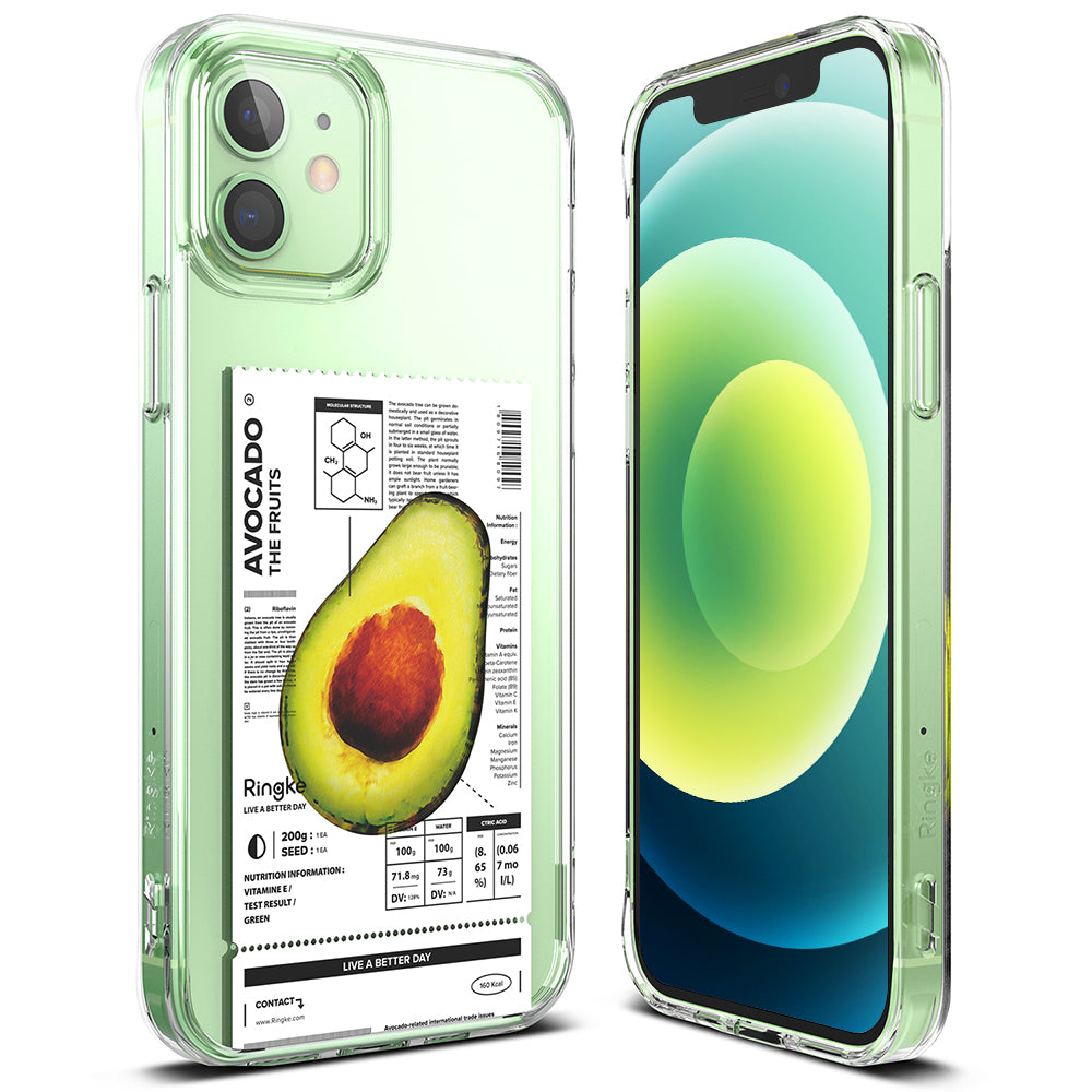 iPhone 12 / 12 Pro Case | Fusion Design Fruit - Clear phone case featuring an avocado graphic with nutrition facts.