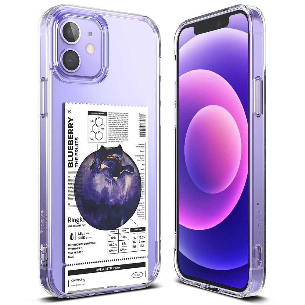 iPhone 12 / 12 Pro Case | Fusion Design Fruit - Clear purple phone case featuring a blueberry nutrition label graphic.