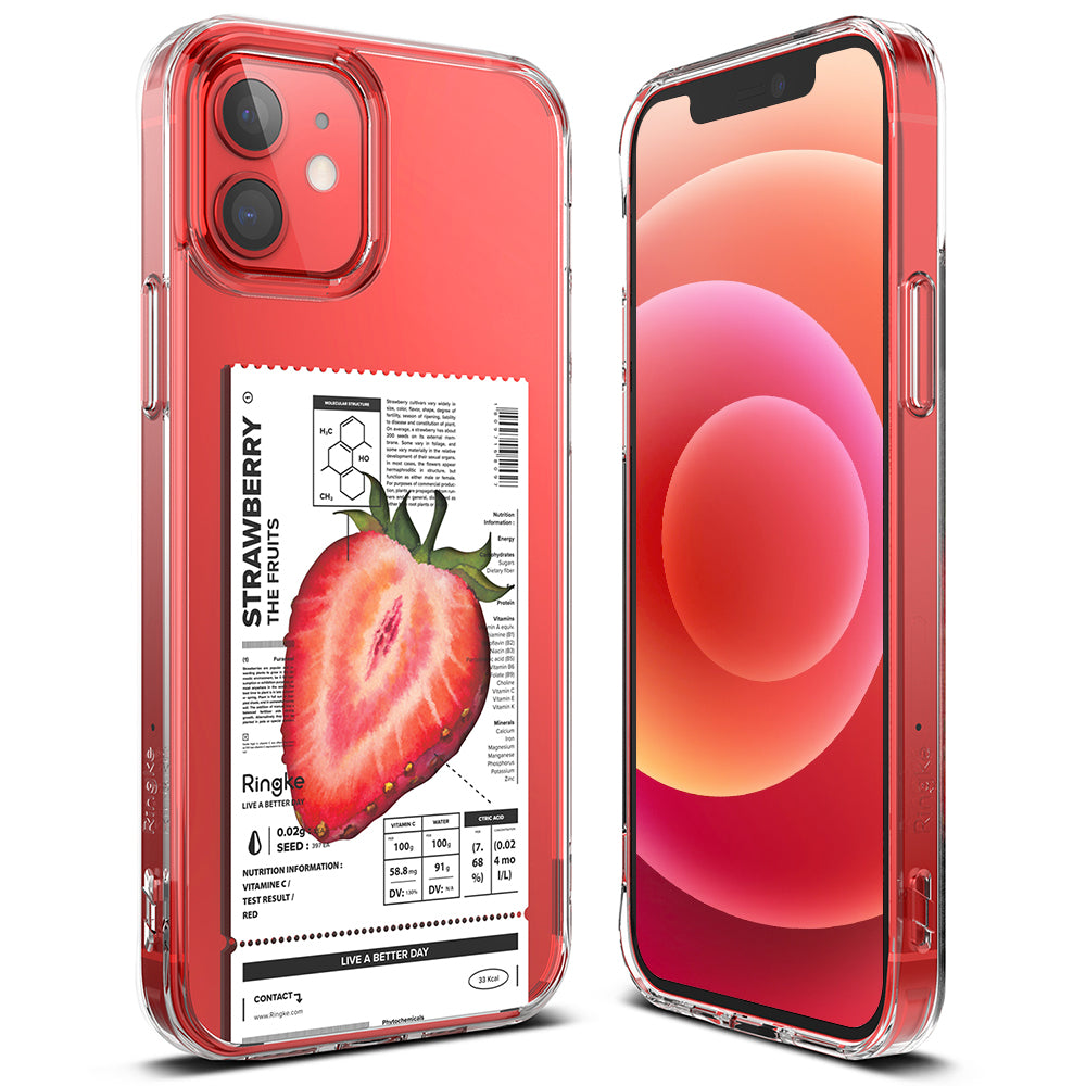 iPhone 12 / 12 Pro Case | Fusion Design Fruit - Clear phone case featuring a strawberry nutrition label graphic.