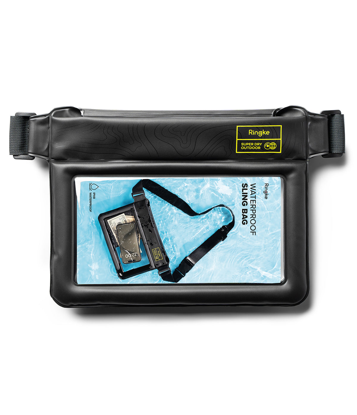 Waterproof Pouch Case | Sling Bag - Black waterproof sling bag with a clear window displaying product packaging.