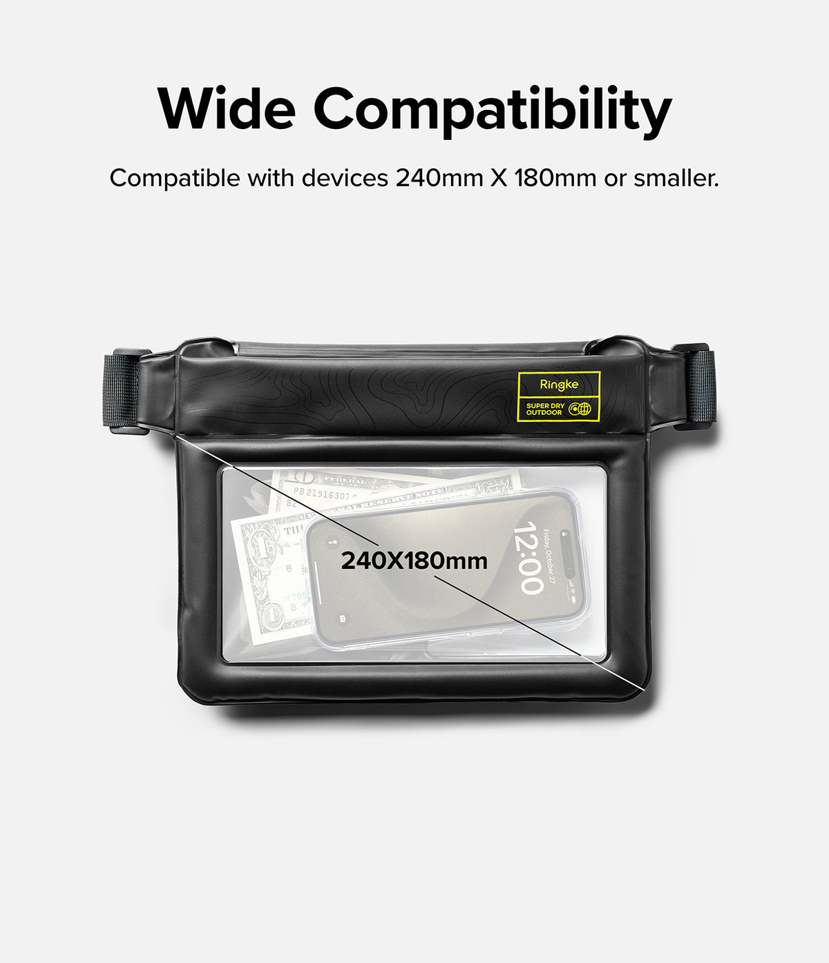 Waterproof Pouch Case | Sling Bag - Black waterproof pouch containing a smartphone and cash, labeled with 240x180mm size compatibility.