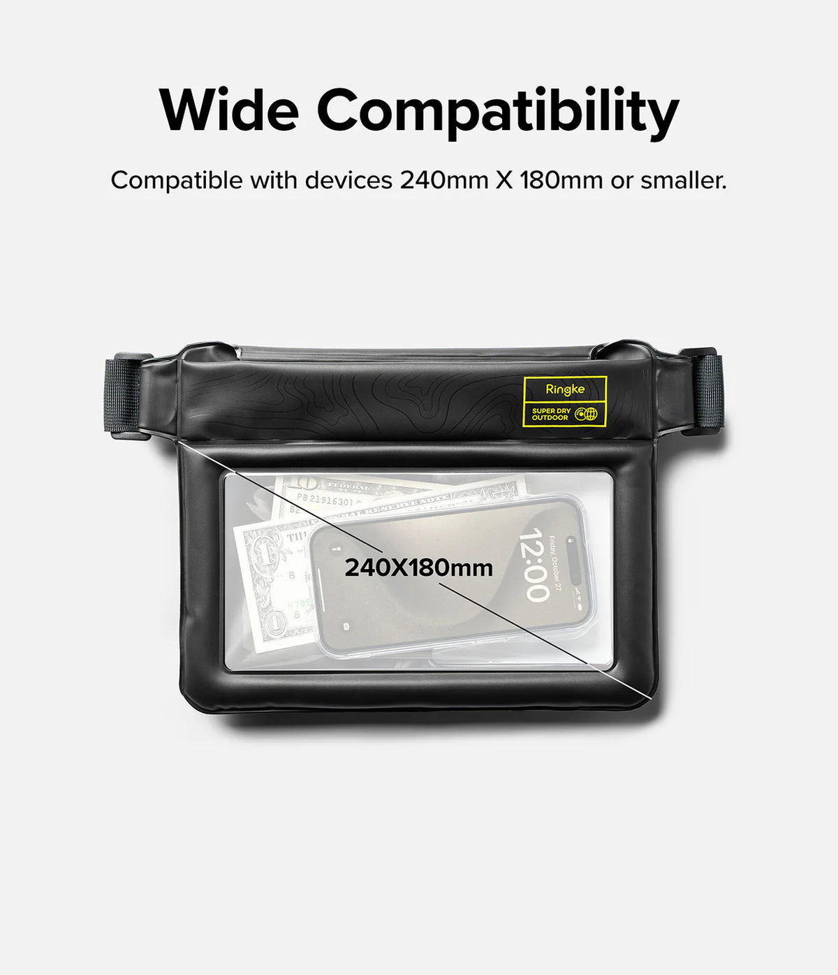 Navy Stripes / Black Floating Strap & Waterproof Sling Bag | Black waterproof bag with a clear front window displaying a device, on a white background.