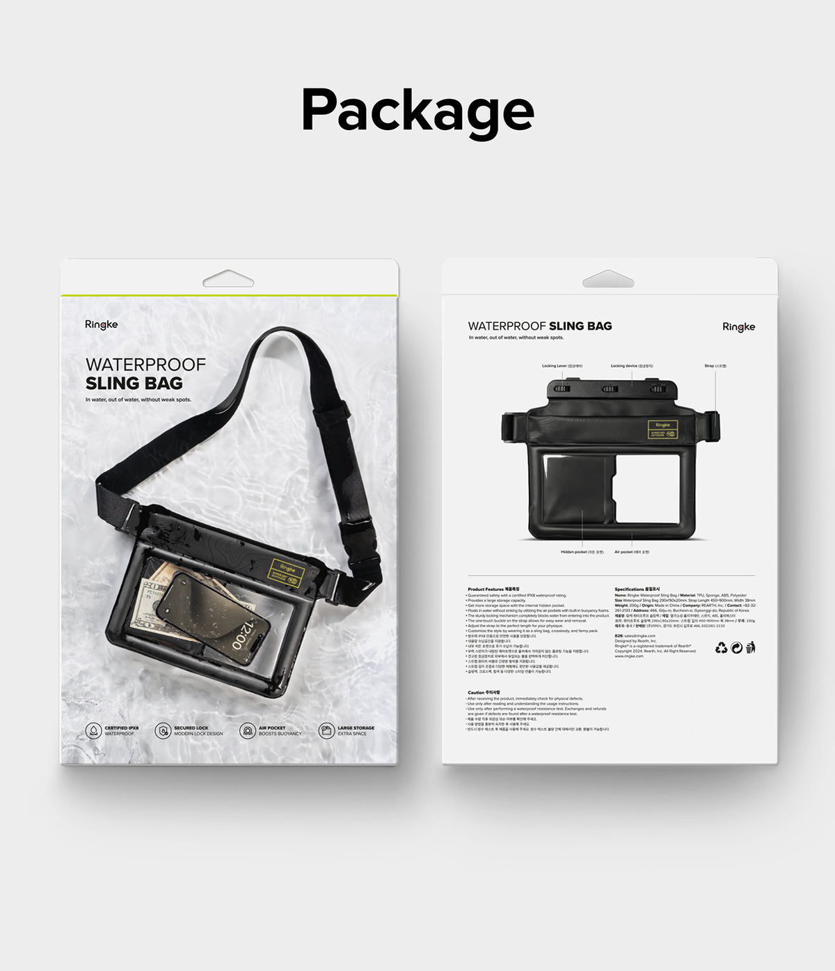 Waterproof Pouch Case | Sling Bag - Front and back view of Ringke waterproof sling bag packaging with product details.