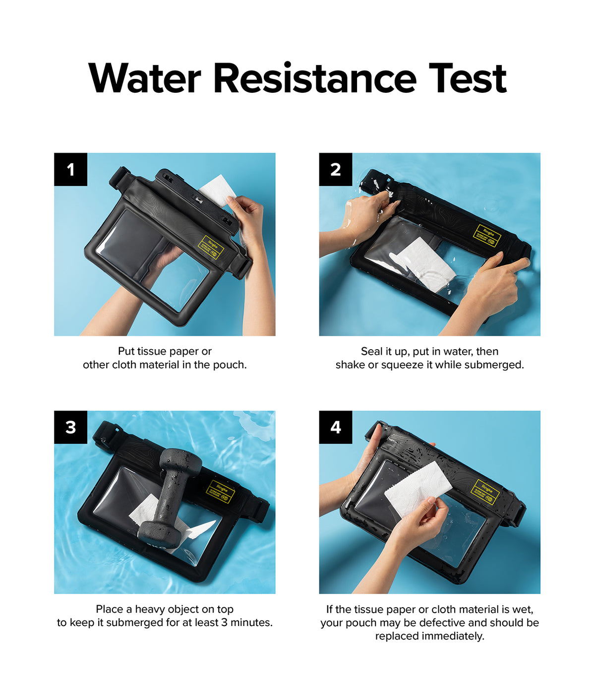 Waterproof Pouch Case | Sling Bag - Four-step instructional graphic showing how to test a waterproof pouch with tissue.