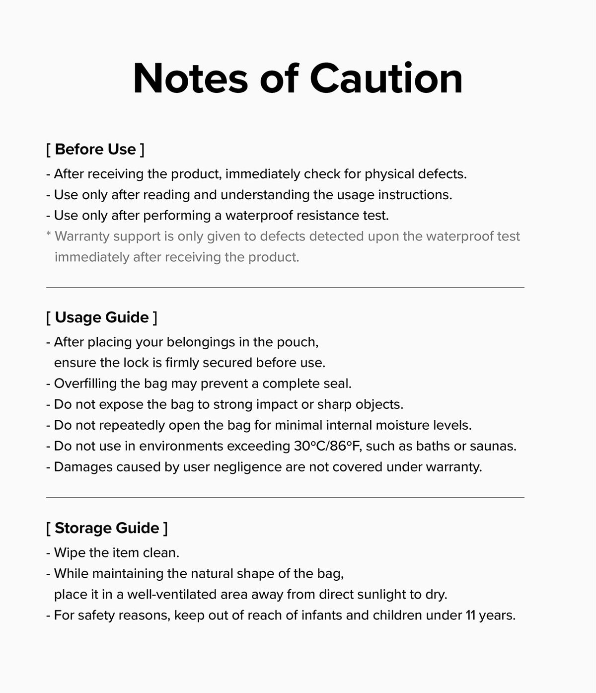 Waterproof Pouch Case | Sling Bag - Text document titled Notes of Caution with usage and storage instructions.