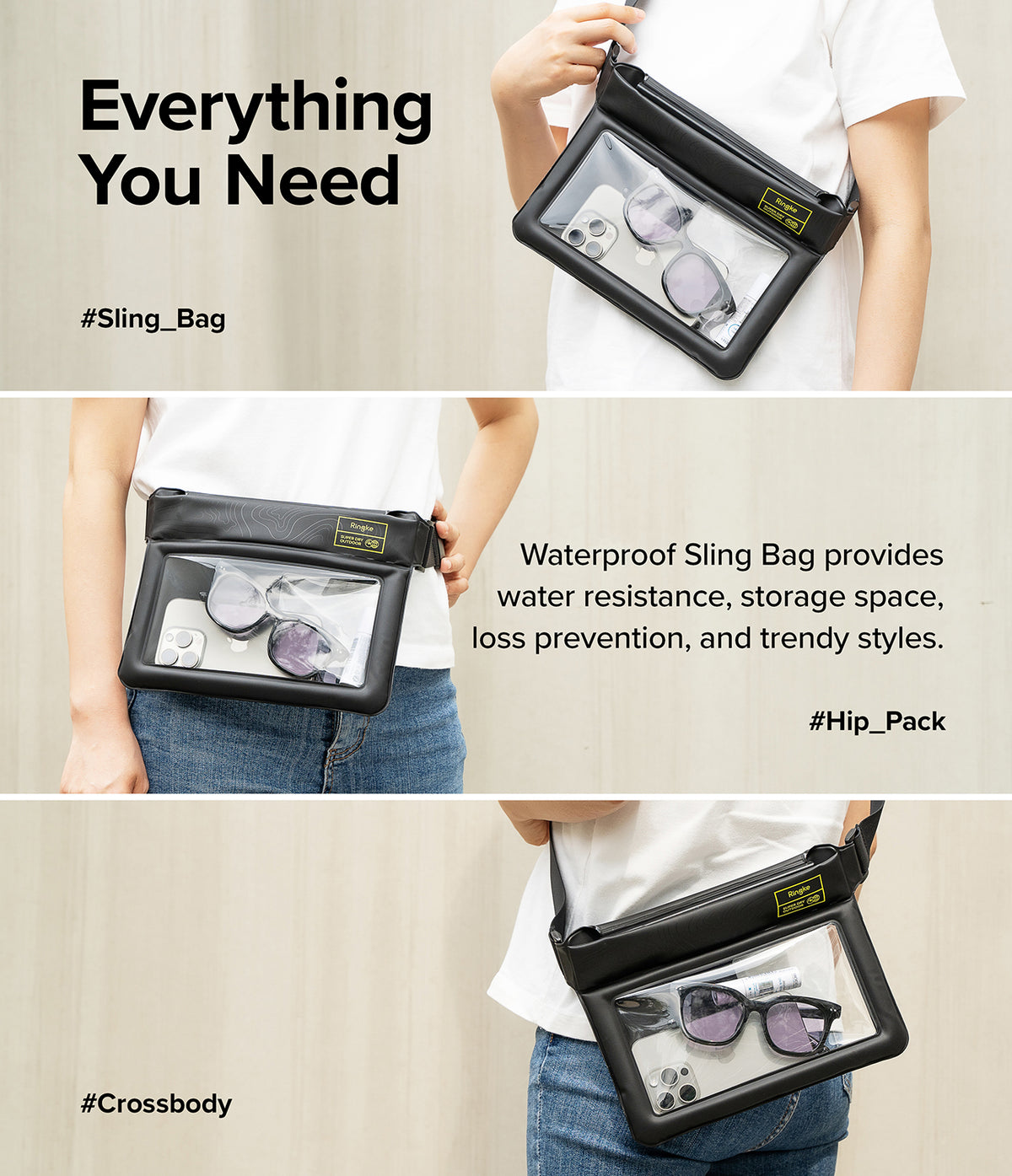 Waterproof Pouch Case | Sling Bag - A person wearing a black waterproof pouch as a sling bag, hip pack, and crossbody.