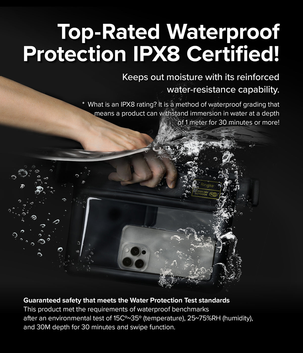 Waterproof Pouch Case | Sling Bag - Hand submerging a waterproof phone pouch in water with text explaining IPX8 certification.