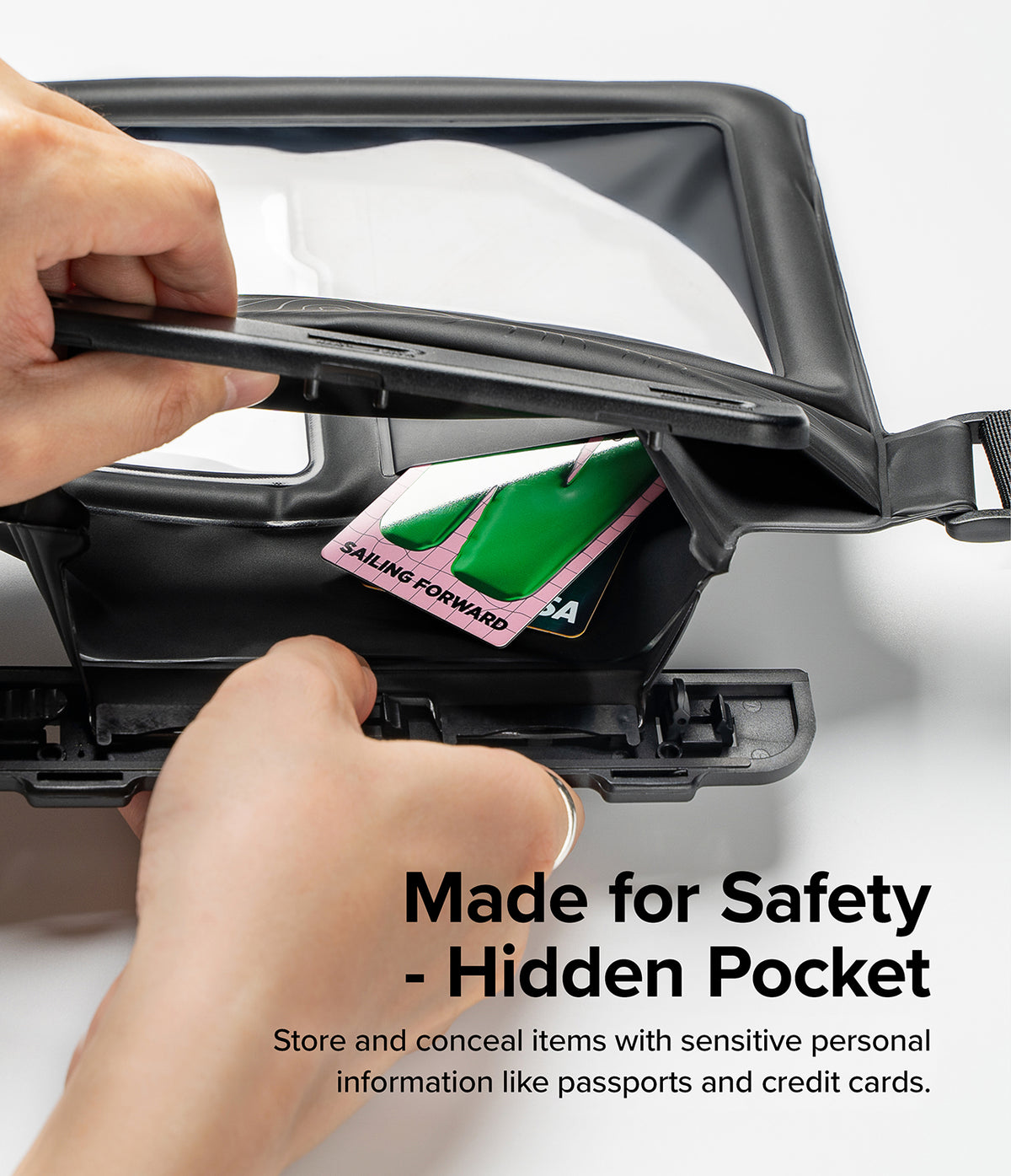 Waterproof Pouch Case | Sling Bag - Hands opening a hidden pocket inside a waterproof pouch to reveal credit cards.