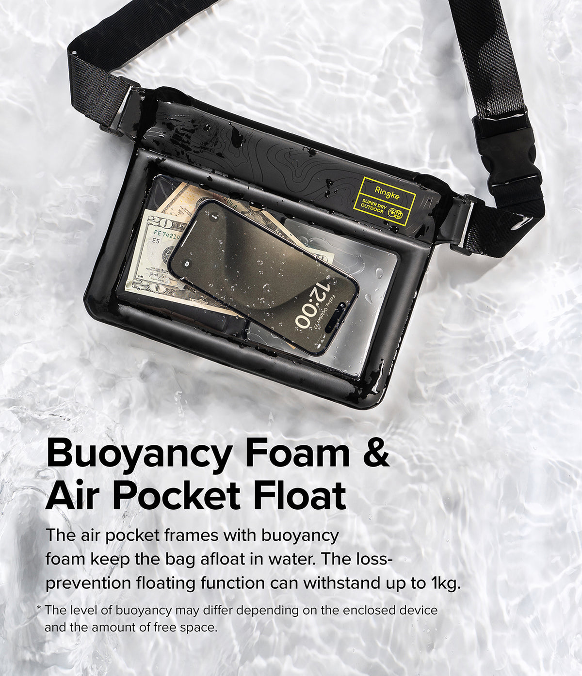 Waterproof Pouch Case | Sling Bag - Black waterproof pouch containing a phone and cash, floating on water surface.