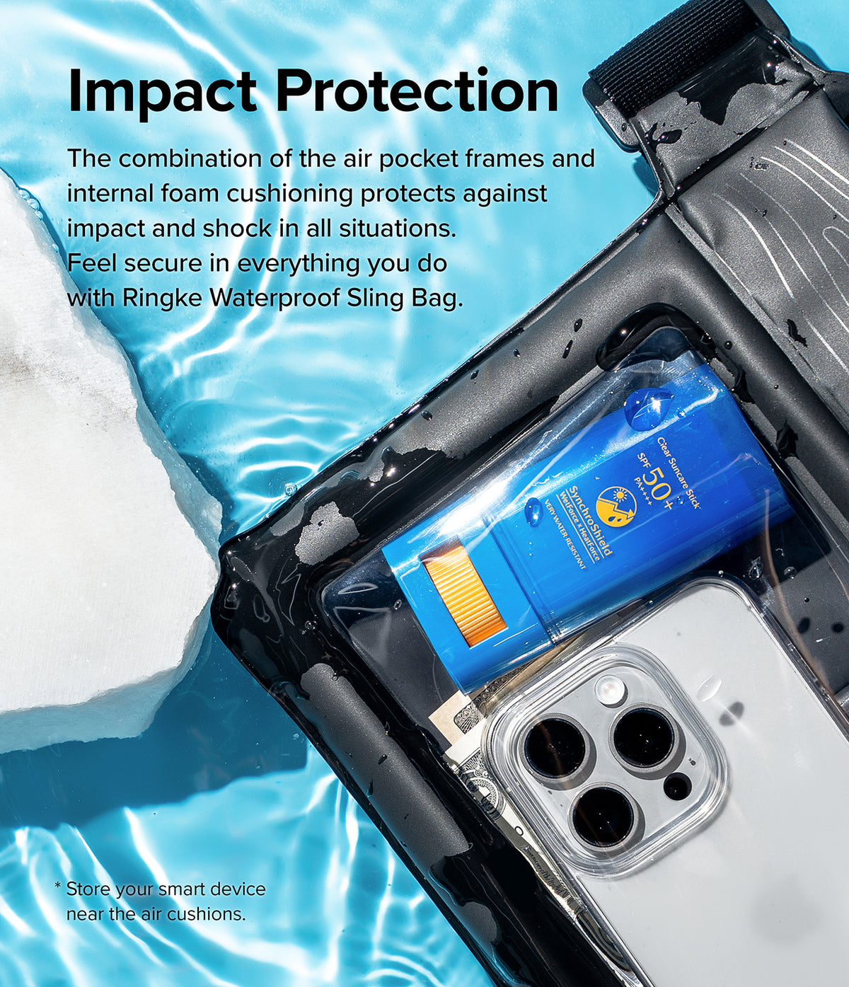 Waterproof Pouch Case | Sling Bag - Smartphone and sunscreen stick inside a protective waterproof pouch floating in water.