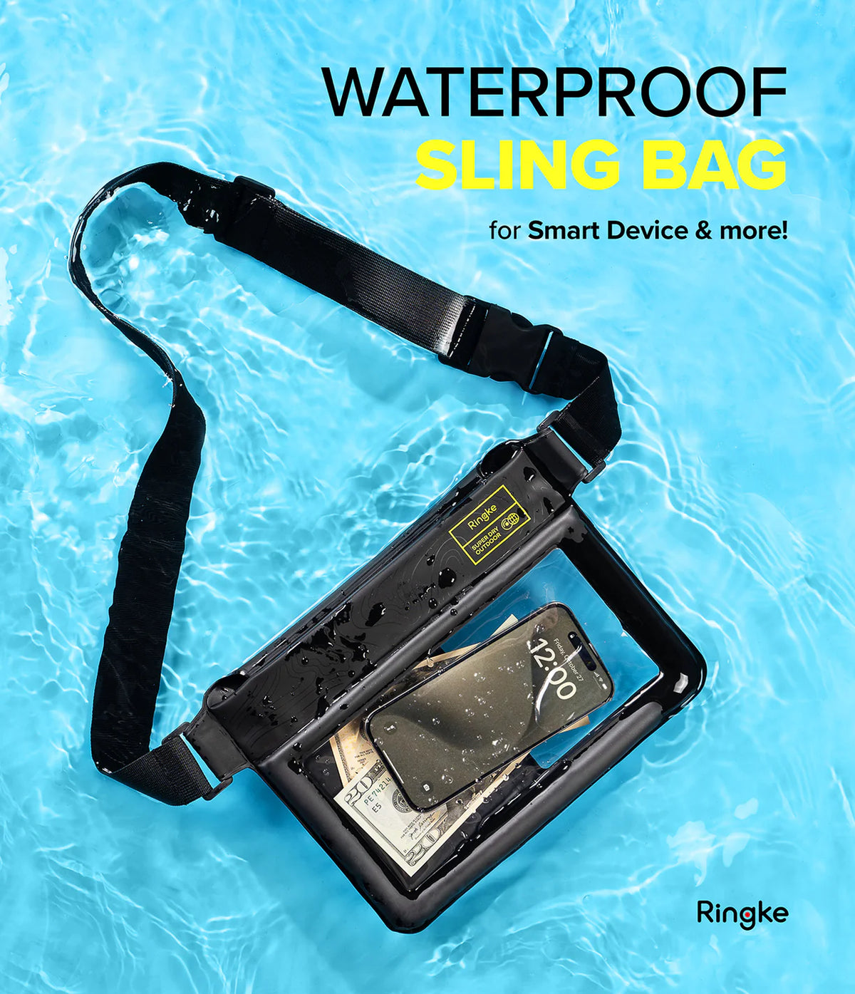 Palm Leaves / Banana Floating Strap & Waterproof Sling Bag | Waterproof sling bag with phone case on a water background, featuring the brand 'Ringke'.