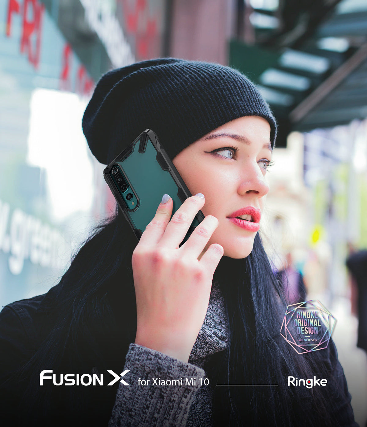 Mi 10 / 10 Pro Case | Fusion-X - Woman in a black beanie holding a Xiaomi Mi 10 with a black Fusion-X protective case.