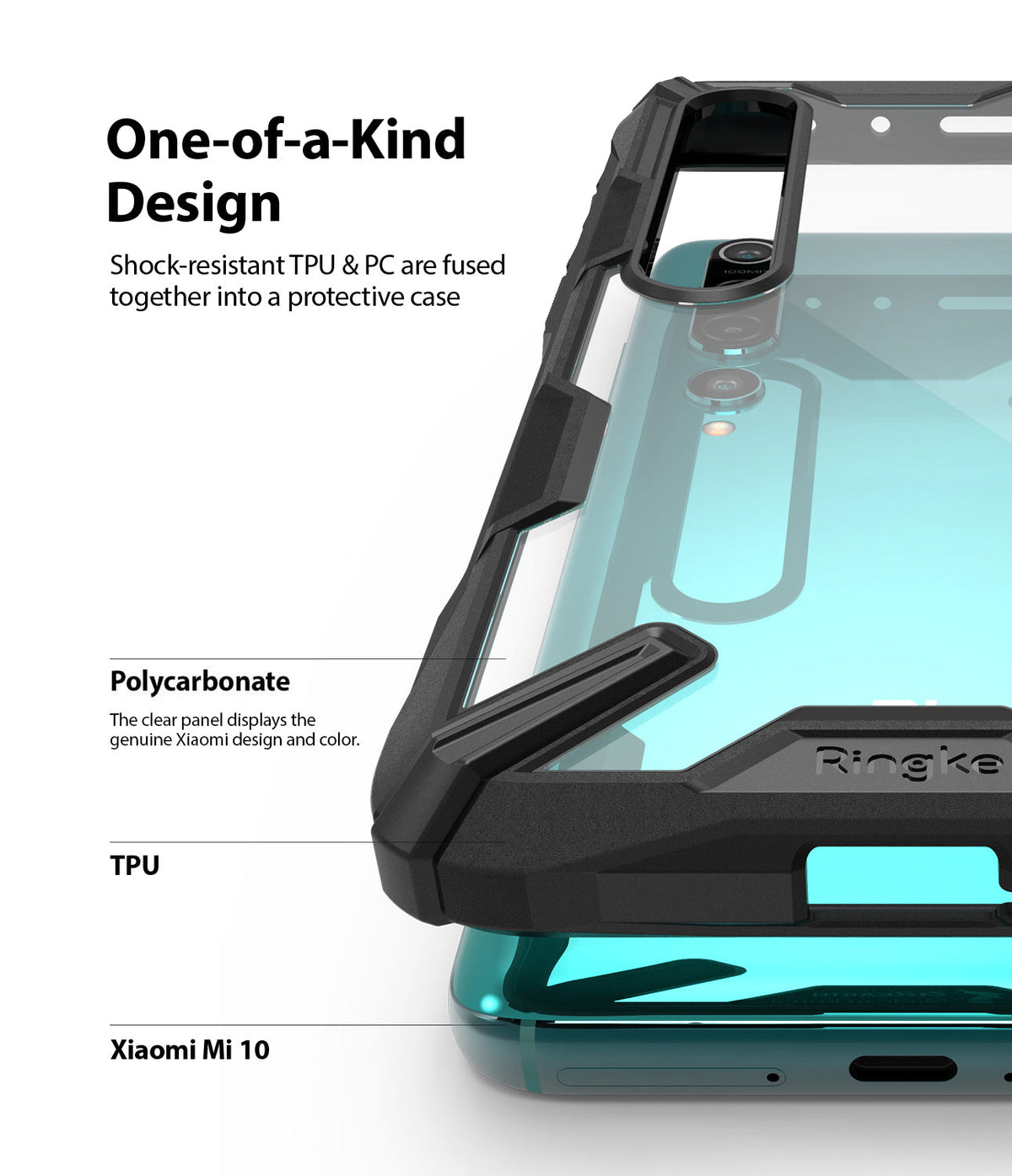 Mi 10 / 10 Pro Case | Fusion-X - Close-up of a clear protective phone case with black TPU edges on a teal Xiaomi Mi 10.