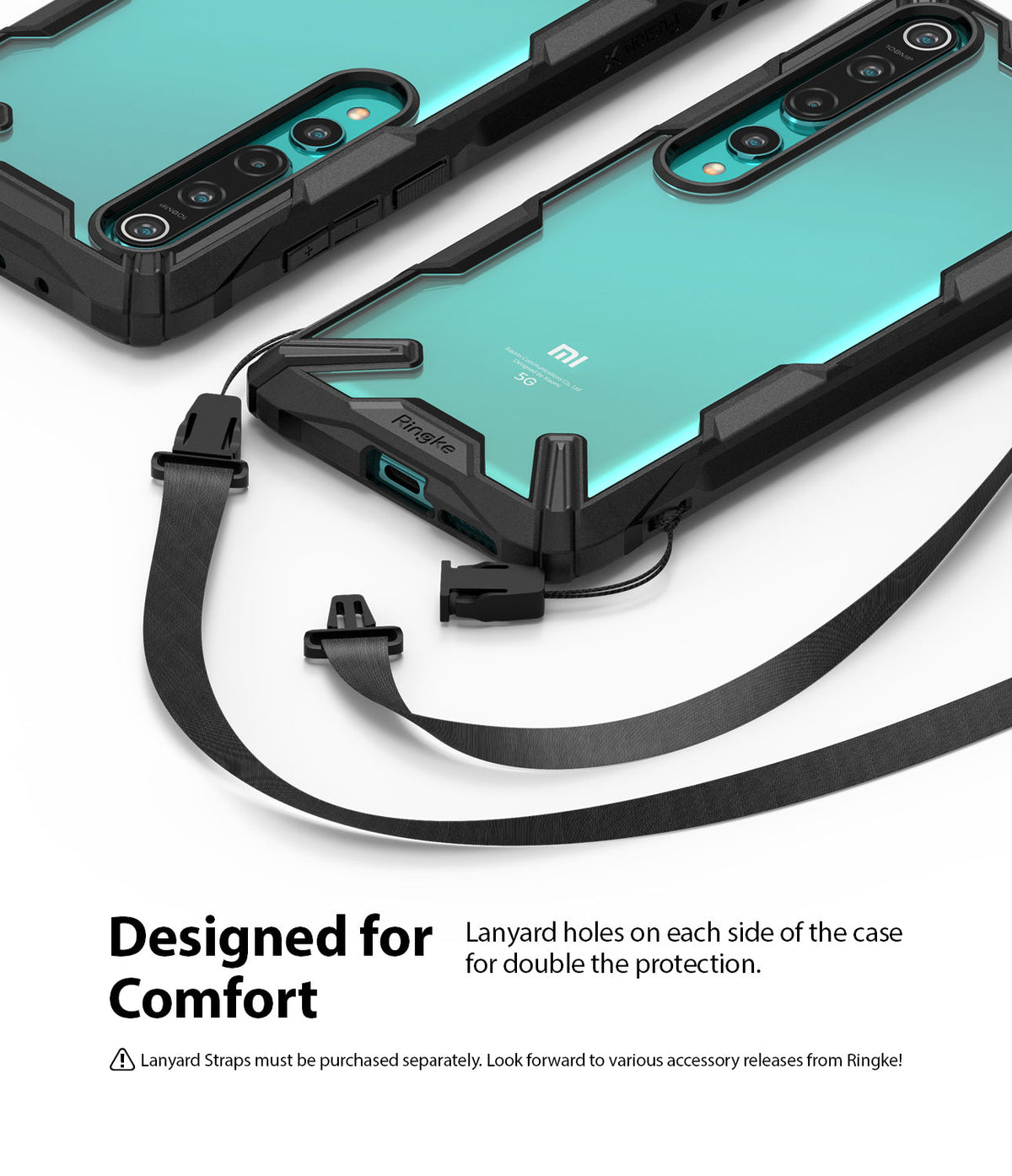 Mi 10 / 10 Pro Case | Fusion-X - Two Mi 10 phones in black rugged cases with lanyard attachment points and a black strap.