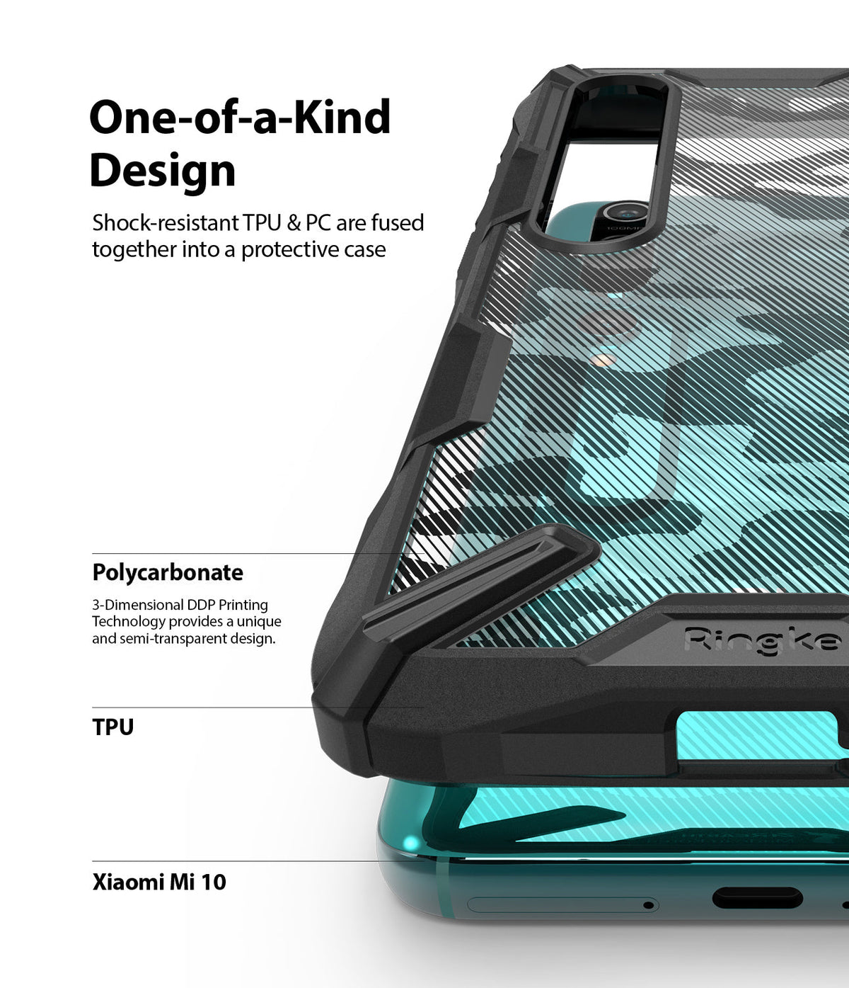 Mi 10 / 10 Pro Case | Fusion-X - Close-up of a rugged black camo phone case on a teal Xiaomi Mi 10 with technical labels.