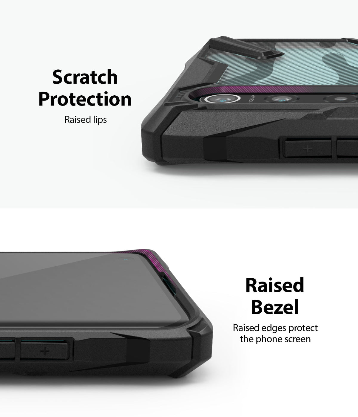 Mi 10 / 10 Pro Case | Fusion-X - Close-up of phone case showing raised lips for camera and screen protection.