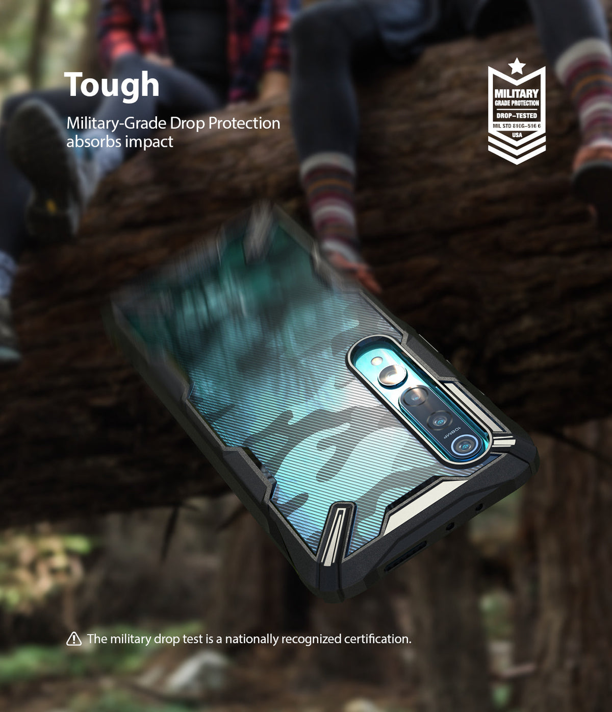 Mi 10 / 10 Pro Case | Fusion-X - Camouflage phone case with military-grade drop protection against a blurred forest background.